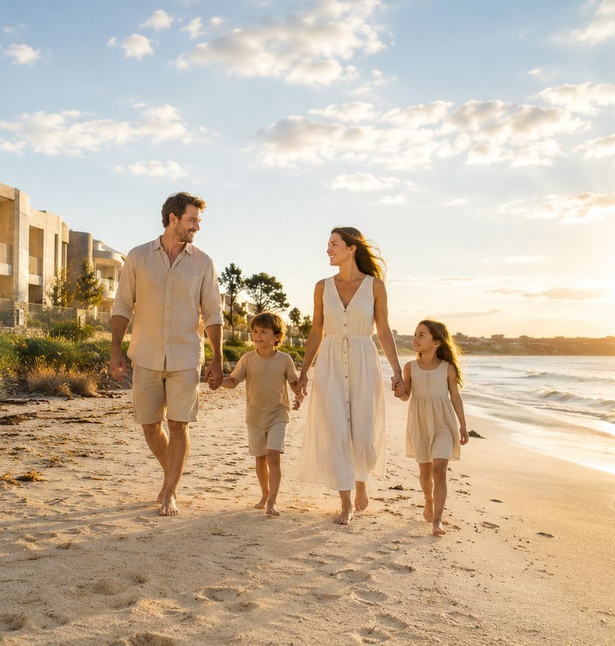 Family walking on Mindarie beach